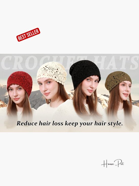 Women\'s Crochet Cotton Beanie Hat Soft Slouchy Knit Boho Skull Cap